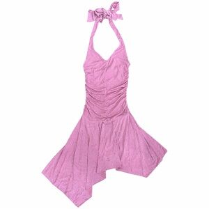 Y2K Vintage Asymmetrical Hem Glitter Sparkly Halter Tie Mini Dress